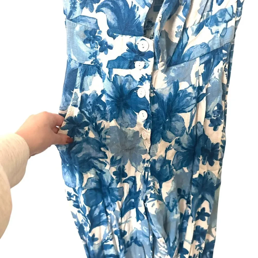 ZARA Floral Tie Front Linen‎ Blend Jumpsuit Blue Small